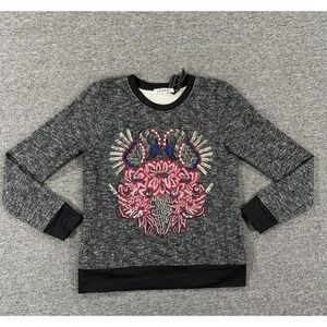 ANHHA Sweatshirt Womens Small Gray Black Embroidered Floral Crewneck Pullover